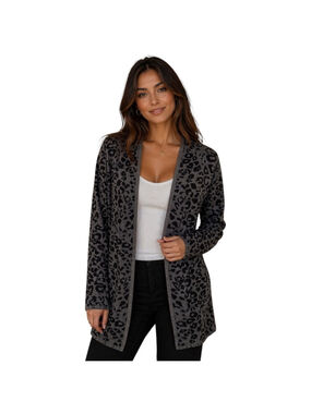 JM Collection Leopard Print Open Front Cardigan Gray Black M Lightweight